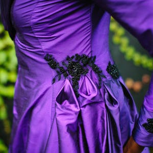 PORTRAIT COLLAR cadbury purple silk and black lace wedding dress coat. Train, 1950's, beading, gold lining. Bespoke to order image 4