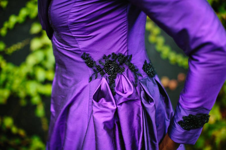 PORTRAIT COLLAR cadbury purple silk and black lace wedding dress coat. Train, 1950's, beading, gold lining. Bespoke to order image 4