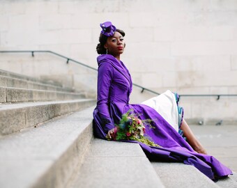 cadbury purple wedding dress Cadbury Purple Silk Wedding Coat Dress, Black Lace, Beaded, Bespoke