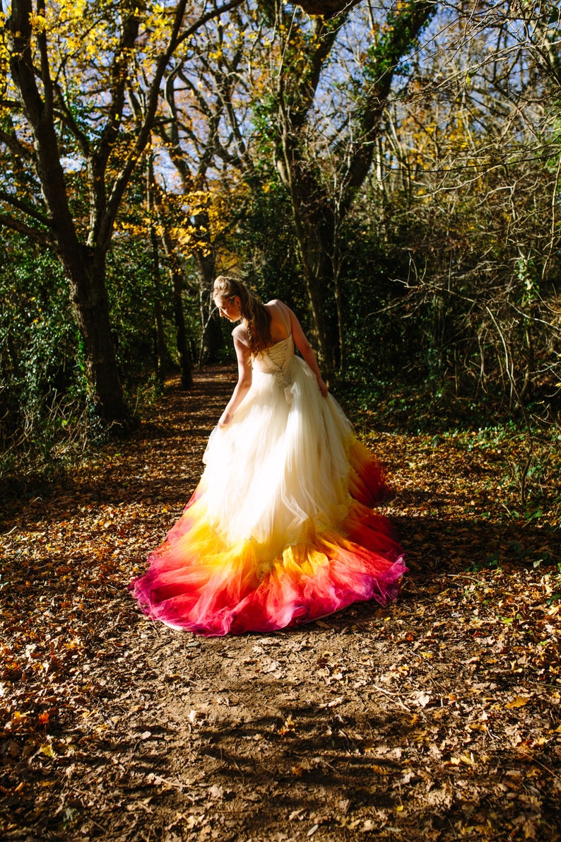 PHOENIX Dip dye Ombre Wedding Dress silk and tulle with lace detail Autumn Fire colours Ivory Red Orange Yellow UK Made to order custom size image 1