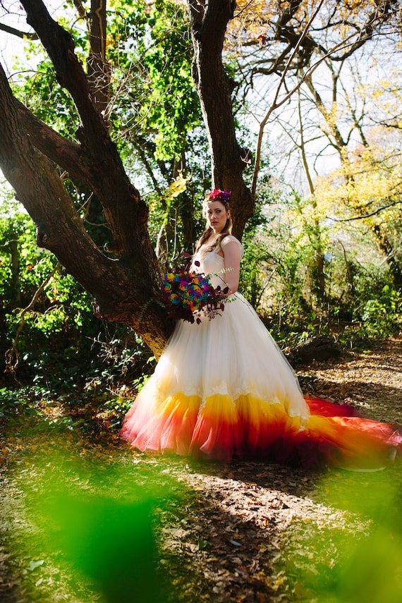 Phoenix Dip Dye Ombre Wedding Dress Silk And Tulle With Lace Detail Autumn Fire Colours Ivory Red Orange Yellow Uk Made To Order Custom Size