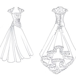 K&ouml;nnte beinhalten: Ein wei&szlig;es Brautkleid mit einem Spitzenoberteil und einem vollen Rock. Die R&uuml;ckseite des Kleides hat ein mehrstufiges R&uuml;schen-Design.