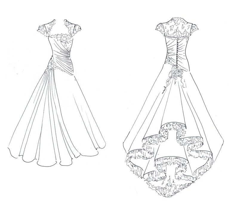 K&ouml;nnte beinhalten: Ein wei&szlig;es Brautkleid mit einem Spitzenoberteil und einem vollen Rock. Die R&uuml;ckseite des Kleides hat ein mehrstufiges R&uuml;schen-Design.