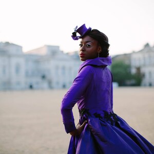 PORTRAIT COLLAR cadbury purple silk and black lace wedding dress coat. Train, 1950's, beading, gold lining. Bespoke to order image 3