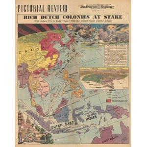 Vintage 1940 « Les riches colonies néerlandaises en péril » Poster – Format A2 | Affiche du théâtre du Pacifique de la Seconde Guerre mondiale | Art mural histoire des Indes néerlandaises