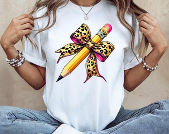 Leopard Bow Bleistift Lehrer Shirt: Trendiges Lehrer Wertschätzung T-Shirt