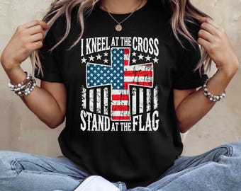 Faith & Freedom T-Shirt: Distressed American Flag Cross Graphic