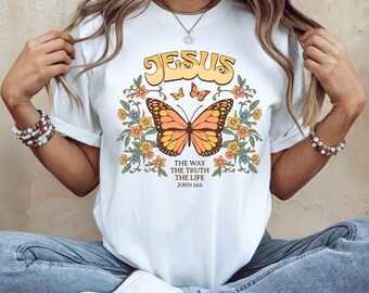 Retro Jesus Shirt, Butterfly Floral Christian Tee, Bible Verse