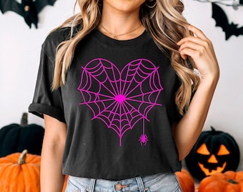 Camiseta rosa con corazón de telaraña, linda camiseta gótica de Halloween