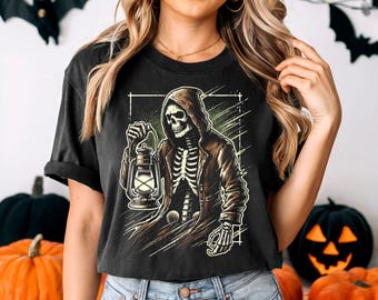 死神ランタン ハロウィン シャツ：ゴシック スケルトン グラフィック T シャツ