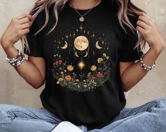 Koszulka Celestial Moon Phase: Boho Floral Witchy Tee