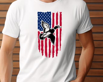 Maglietta da caccia alle anatre con bandiera americana: maglietta patriottica con uccelli acquatici