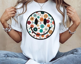 Retro Smiley Face T-Shirt: Floral Groovy 70s Hippie Tee