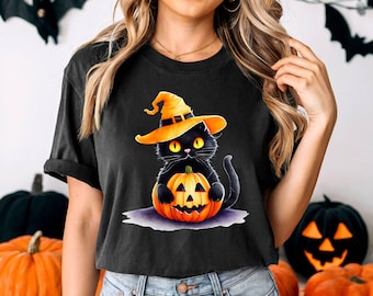 Halloween schwarze Katze T-Shirt, Hexenhut, Kürbis Grafik Tee