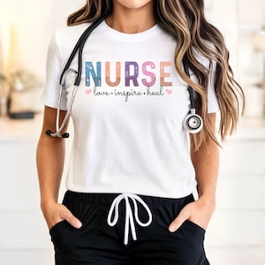 Nurse Shirt, Love Inspire Heal Tee, Cute Pastel Nurse Graphic T-Shirt, Retro Rainbow RN Shirt For Women, Nurse Appreciation Gift Idea