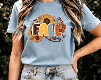 Camiseta vintage con vibraciones otoñales: camiseta retro floral de girasoles para Acción de Gracias