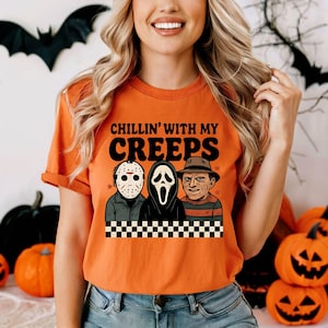 Chillin&#39; With My Creeps Shirt, Funny Horror Movie Halloween Tee, Jason Freddy Ghostface T-Shirt, Spooky Season Scary Movie Gift