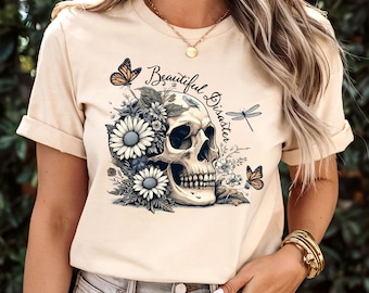 Gothic Skull Flower T-Shirt: Vintage Edgy Grunge Graphic Tee