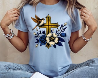 Vintage christelijk shirt met bloemen: T-shirt Faith, gekruiste T-shirts voor dames