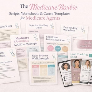 Pacchetto per agenti di televendita Medicare / Script, gestione delle obiezioni, schede di riepilogo per l'iscrizione + biglietti da visita Canva