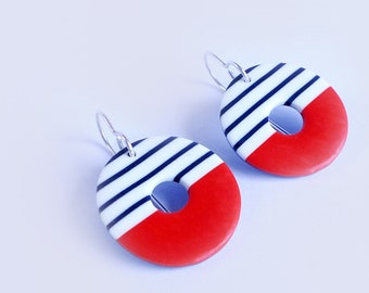 Breton Circle Earrings - Chic Red Stripey Earrings - Stripes & Red Dangles - Nautical Jewellery - Graphic Light Earrings - Silver Ear Wires