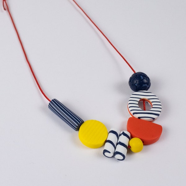 Short Breton Necklace - Funky Navy Red Yellow Necklace- Colourful Bead Necklace -Adjustable Length - Graphic Summer Jewellery - Polymer Clay