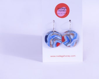 Round Blue Earrings - Abstract Pattern Earrings - Funky One-Off Dangles - Recycled Silver Wires - Light Clay Earrings - Polymer Clay Art