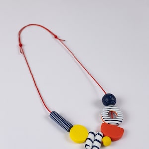 Short Breton Necklace Funky Navy Red Yellow Necklace Colourful Bead Necklace Adjustable Length Graphic Summer Jewellery Polymer Clay image 4