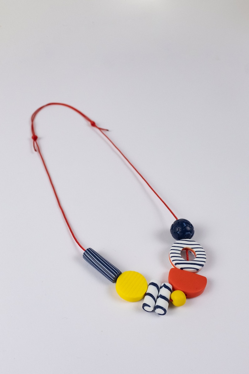 Short Breton Necklace Funky Navy Red Yellow Necklace Colourful Bead Necklace Adjustable Length Graphic Summer Jewellery Polymer Clay image 4