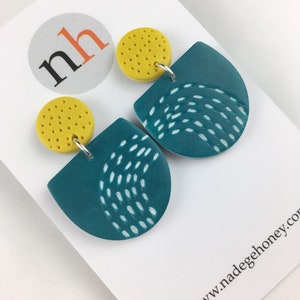 Handmade Graphic Earrings Patterned Polymer clay Earrings Teal and Mustard Dangles Funky Mustard Doodles Artisanal Jewellery image 2