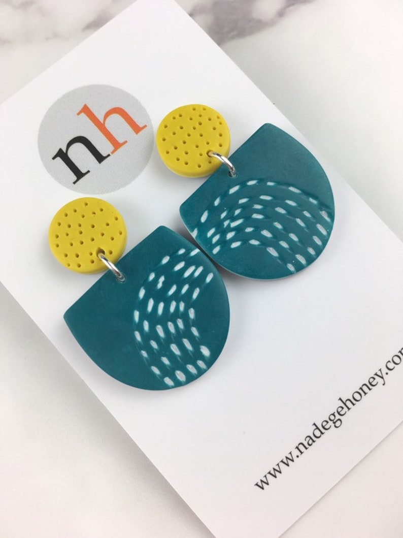 Handmade Graphic Earrings Patterned Polymer clay Earrings Teal and Mustard Dangles Funky Mustard Doodles Artisanal Jewellery image 2