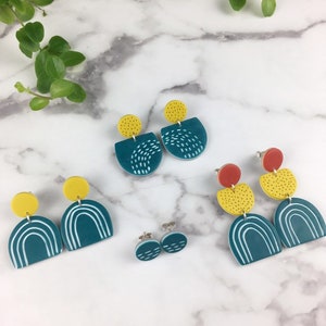 Handmade Graphic Earrings Patterned Polymer clay Earrings Teal and Mustard Dangles Funky Mustard Doodles Artisanal Jewellery image 9