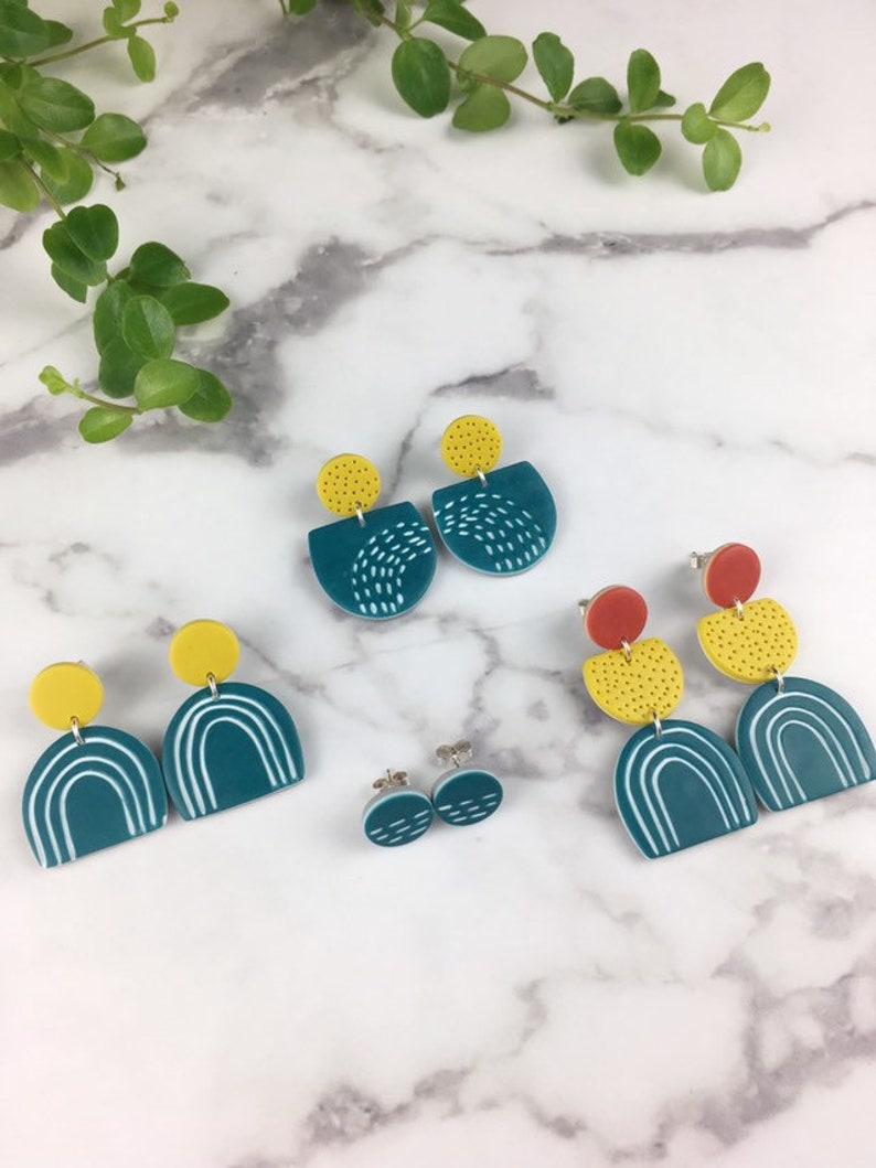 Handmade Graphic Earrings Patterned Polymer clay Earrings Teal and Mustard Dangles Funky Mustard Doodles Artisanal Jewellery image 9