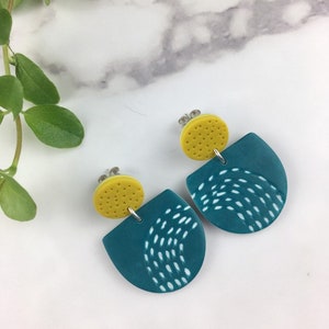 Handmade Graphic Earrings Patterned Polymer clay Earrings Teal and Mustard Dangles Funky Mustard Doodles Artisanal Jewellery image 1