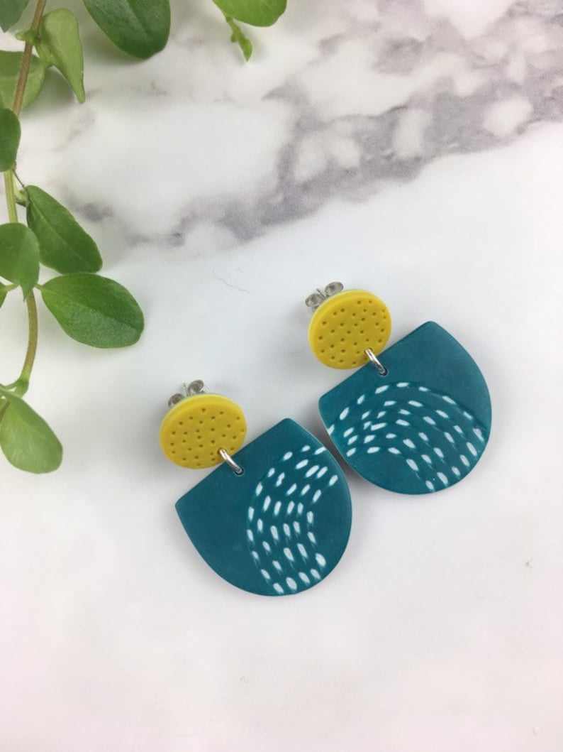 Handmade Graphic Earrings Patterned Polymer clay Earrings Teal and Mustard Dangles Funky Mustard Doodles Artisanal Jewellery image 1