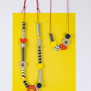 Short Breton Necklace Funky Navy Red Yellow Necklace Colourful Bead Necklace Adjustable Length Graphic Summer Jewellery Polymer Clay image 5