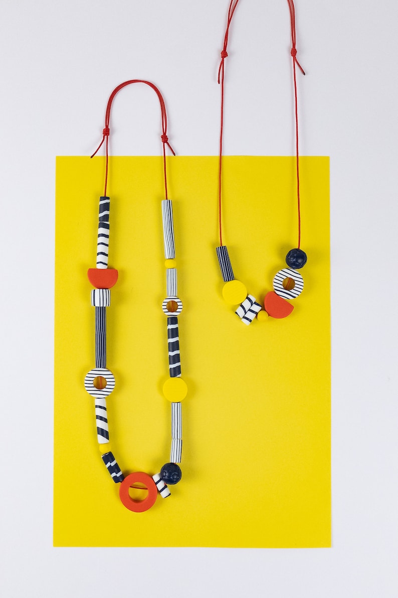 Short Breton Necklace Funky Navy Red Yellow Necklace Colourful Bead Necklace Adjustable Length Graphic Summer Jewellery Polymer Clay image 5