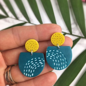 Handmade Graphic Earrings Patterned Polymer clay Earrings Teal and Mustard Dangles Funky Mustard Doodles Artisanal Jewellery image 5