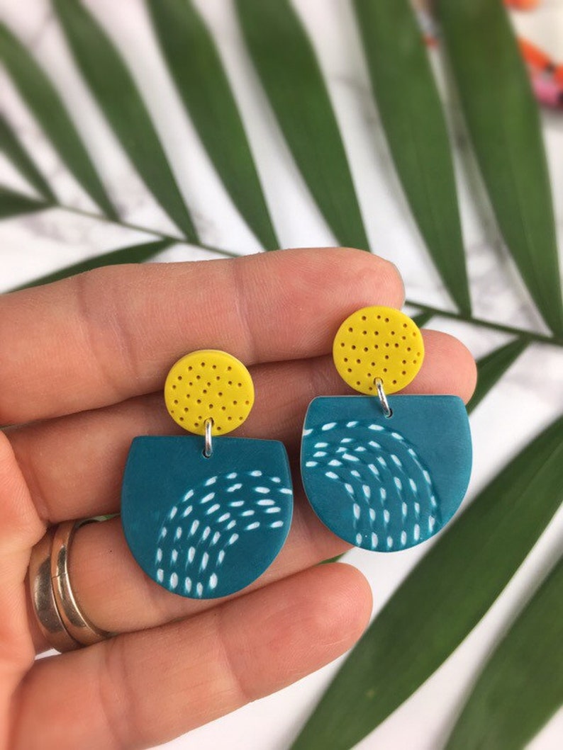 Handmade Graphic Earrings Patterned Polymer clay Earrings Teal and Mustard Dangles Funky Mustard Doodles Artisanal Jewellery image 5