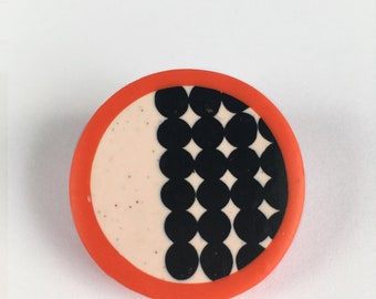 Modernist Round Brooch - Unisex Polymer Clay Pin - Round Orange Statement Brooch - Funky Patterned Brooch - Orange Red Badge - Dot Pattern