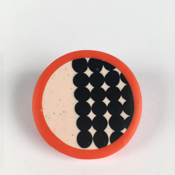 Modernist Round Brooch - Unisex Polymer Clay Pin - Round Orange Statement Brooch - Funky Patterned Brooch - Orange Red Badge - Dot Pattern