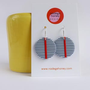 Handmade Breton Earrings: Navy White Stripe Dangles with Red Line