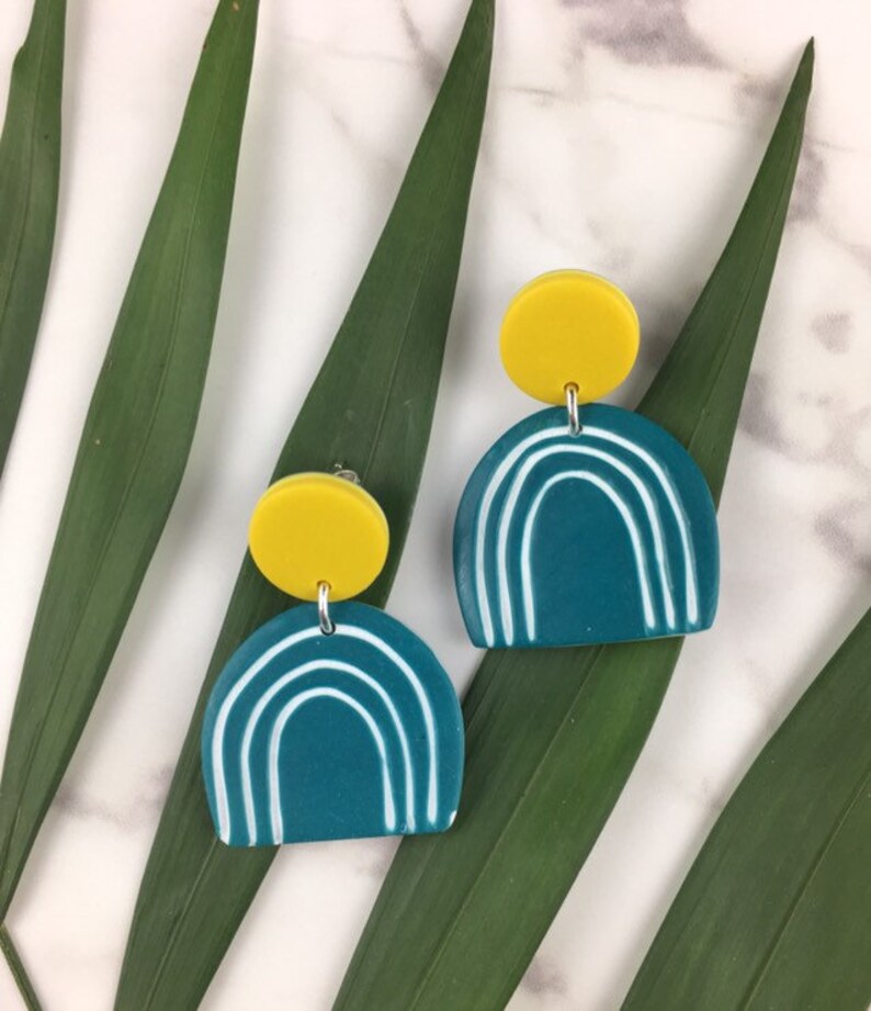 Teal and Mustard Polymer Clay Earrings With Silver Posts Mid Etsy UK