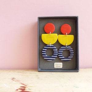 Textured Polymer Clay Earrings - Striped Red Yellow and Navy Dangles - Funky Dangles - Silver Posts - Contemporary Colourful Summer Earrings