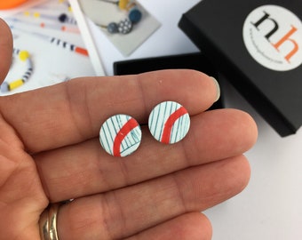 Blue  Clay Studs with Red Line - Sterling Silver Posts - Small Circle Studs- Funky clay studs - unique jewellery for her