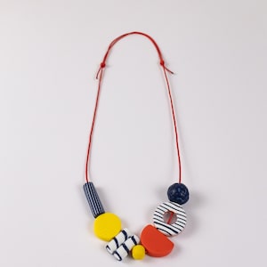 Short Breton Necklace Funky Navy Red Yellow Necklace Colourful Bead Necklace Adjustable Length Graphic Summer Jewellery Polymer Clay image 2