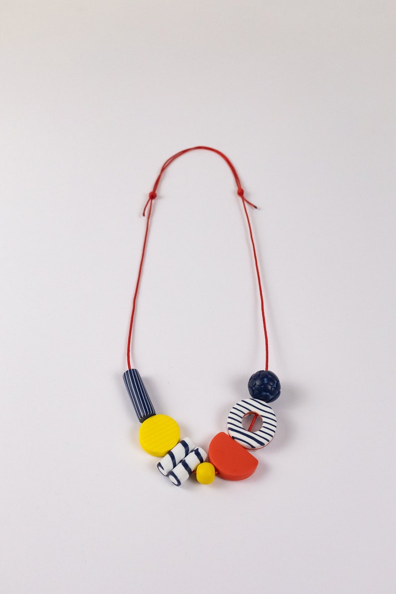 Short Breton Necklace Funky Navy Red Yellow Necklace Colourful Bead Necklace Adjustable Length Graphic Summer Jewellery Polymer Clay image 2