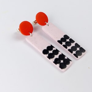 Long Statement Earrings - Black Dots Pattern Earrings - Polymer Clay Dangles - Sterling Silver Fittings - Funky Polka Dot - Red Christmas