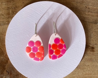 Vivid Pink Polymer Clay Earrings - Pale Pink Teardrop Earrings - Confetti Pattern - Unique Clay Dangles - Silver Ear Wire - Funky Drops -