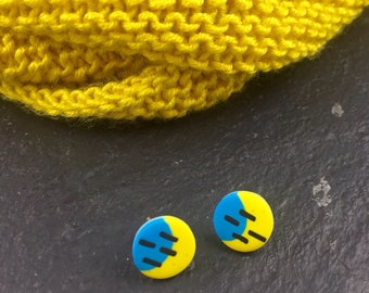 Memphis Blue and Yellow Studs -  Small Polymer Clay Studs - Funky Clay Studs - Silver Ear Findings- Graphic Round Studs - Patterned Studs
